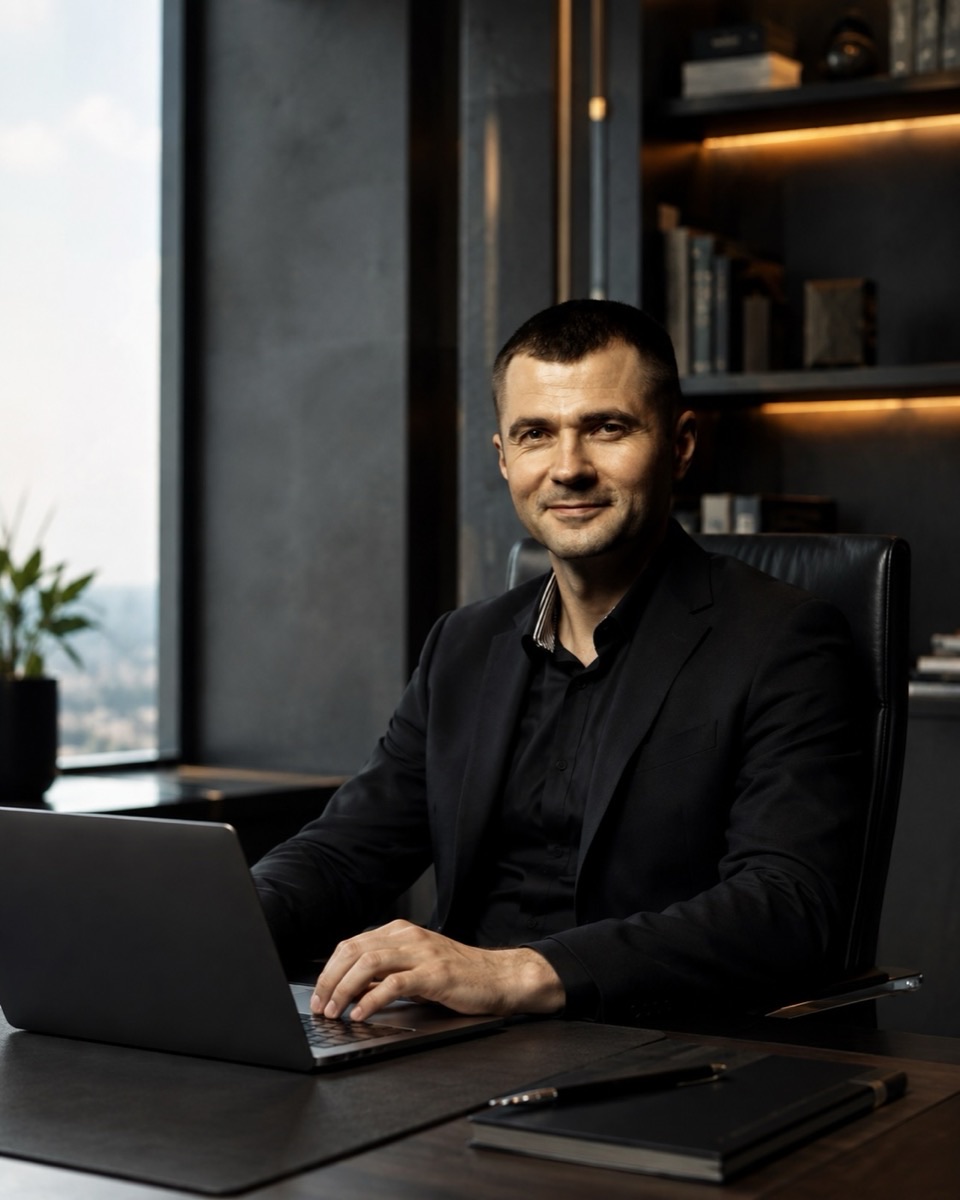 Алексей Широков — основатель и CEO Shirokov Deus Technology, за рабочим столом в кабинете
